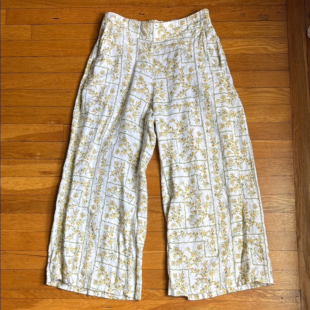 100% Linen Floral Wide-Leg Pants